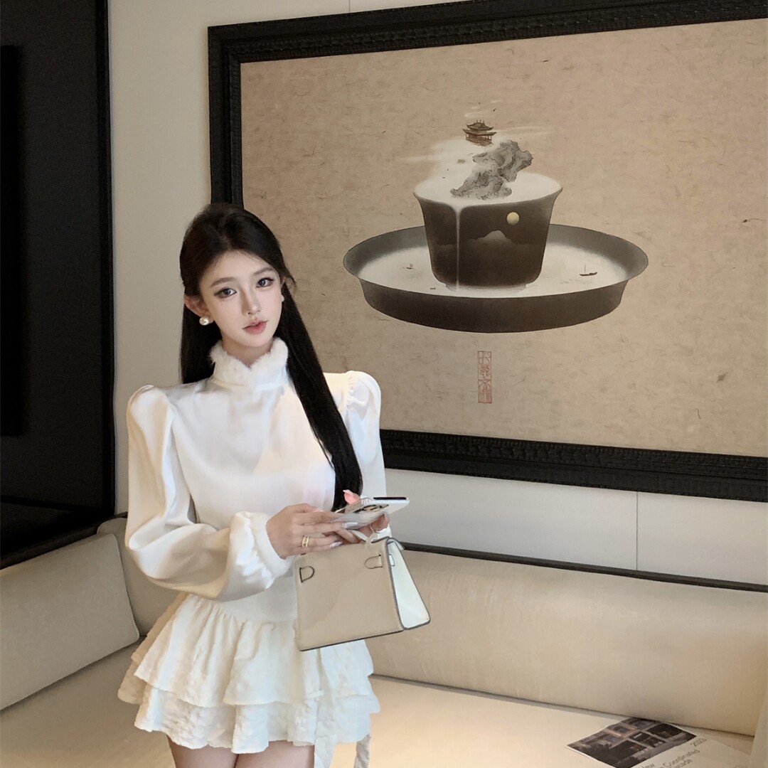 实拍实价 高端国风毛毛立领灯笼袖衬衣上衣秋冬款纯色淑女