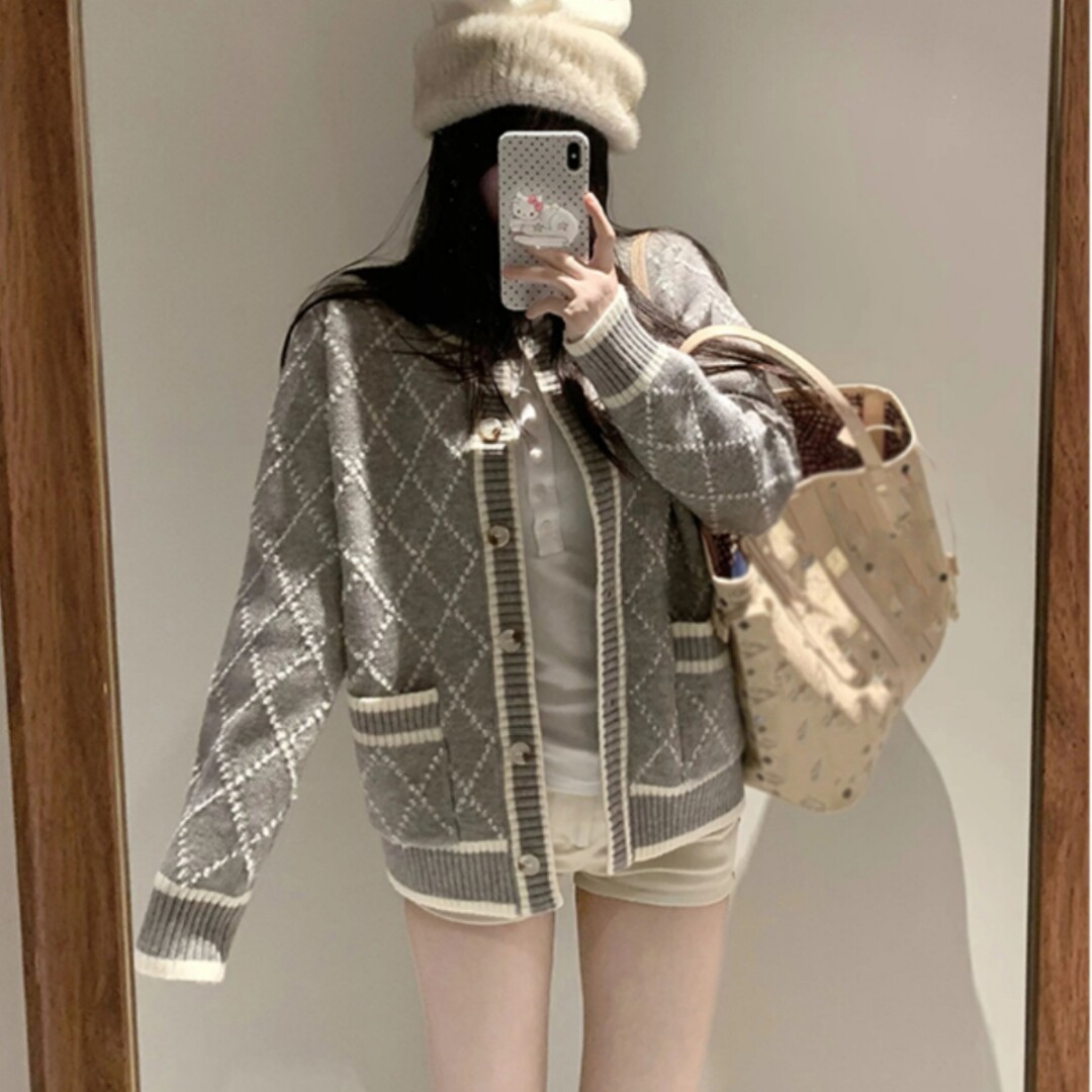 心动私服设计感菱格毛衣外套女秋冬中长款灰色针织开衫