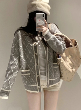 心动私服设计感菱格毛衣外套女秋冬中长款灰色针织开衫