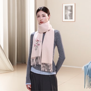 100%羊毛围巾180*30cm羊羔毛刺绣小披肩秋冬季保暖女2025新款外搭