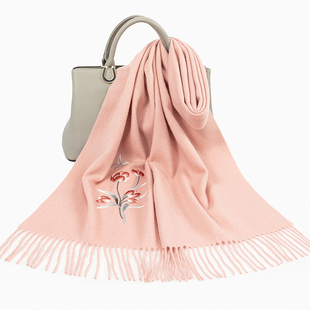 100%羊毛围巾180*30cm浪漫郁金香纯色刺绣冬季2025新款保暖围巾