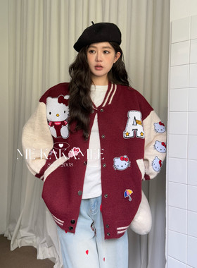 ME KAKAMEE冬新品重工毛巾贴布绣KT撞色棒球开衫毛衣外套A3276