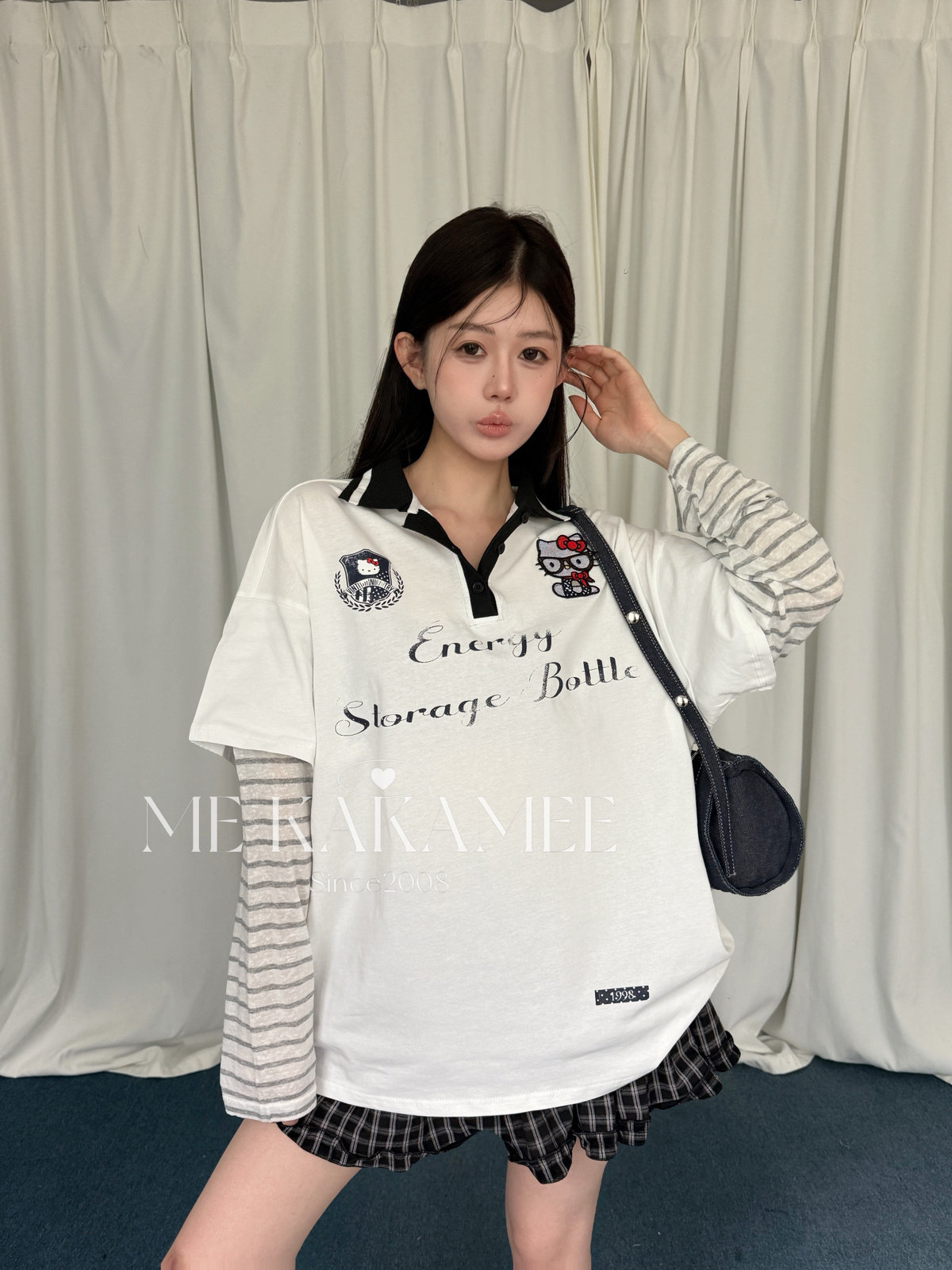 ME KAKAMEE学院KT贴布绣假两件拼接条纹Polo领大版长袖T恤S5612