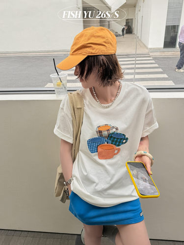 FISH YU夏新款韩系复古格纹印花贴布刺绣宽松圆领短袖T恤626133
