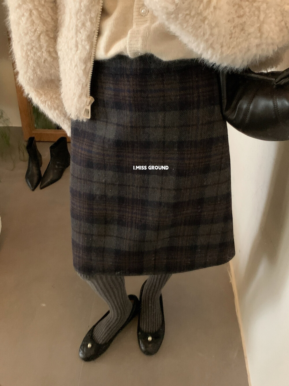 IMISS冬新款韩标高品质气质复古格纹羊毛呢中裙半身裙H60913