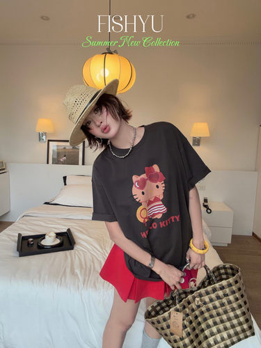 FISH YU夏韩系度假风卡通Kitty前后印花宽松大版圆领短袖T恤26252