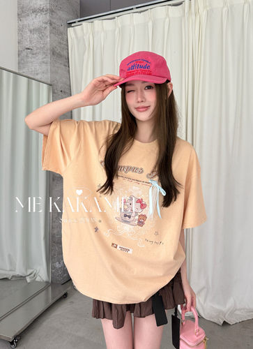 ME KAKAMEE夏新品韩系卡通KT喷画立体蝴蝶结宽松大版短袖T恤S5119