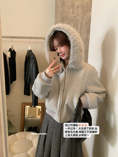 IMISS冬新款韩标休闲简约大毛领加厚兔毛内里连帽卫衣外套90565