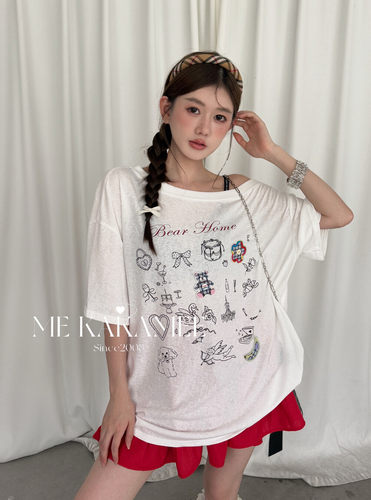 ME KAKAMEE夏新品韩系素描立体格纹花朵小熊条纹斜肩短袖T恤S5059