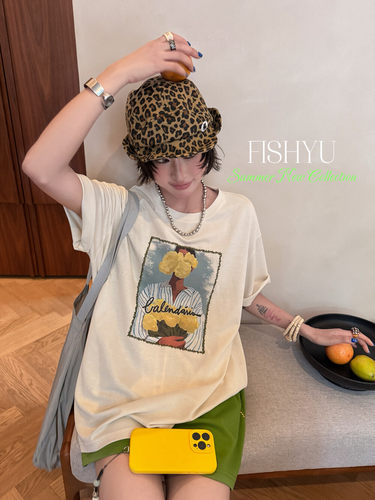FISH YU韩系花束油画人像印花边框刺绣宽松圆领大版短袖T恤26362