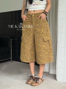 ME KAKAMEE夏新品复古小碎花设计感七分牛仔裤女休闲百搭C0808