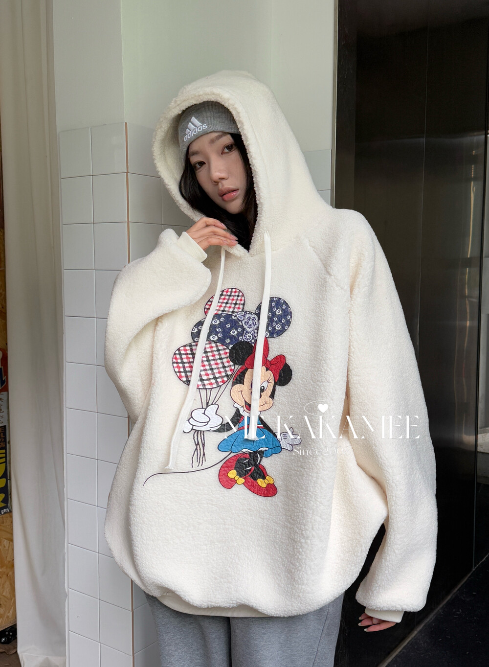 ME KAKAMEE冬新品卡通米厚实加绒保暖羊羔绒大版连帽卫衣S3726