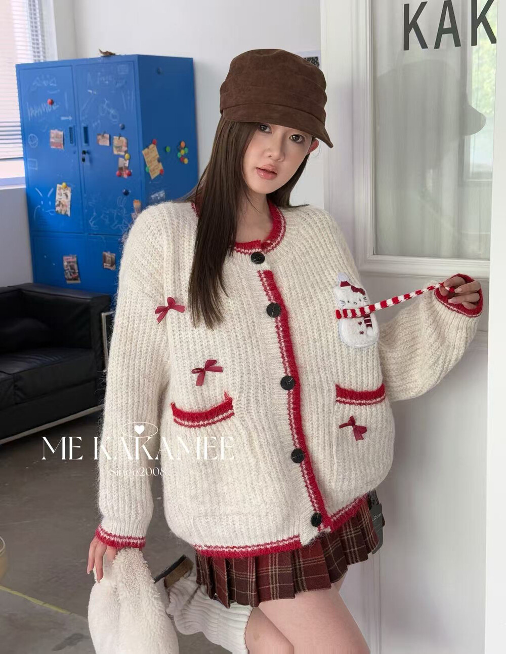 ME KAKAMEE冬新品立体KT猫雪人氛围感开衫宽松韩版毛衣外套女865