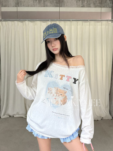 ME KAKAMEE韩系猫咪彩喷条纹垂感雪花棉蕾丝拼接斜肩防晒衫S5199