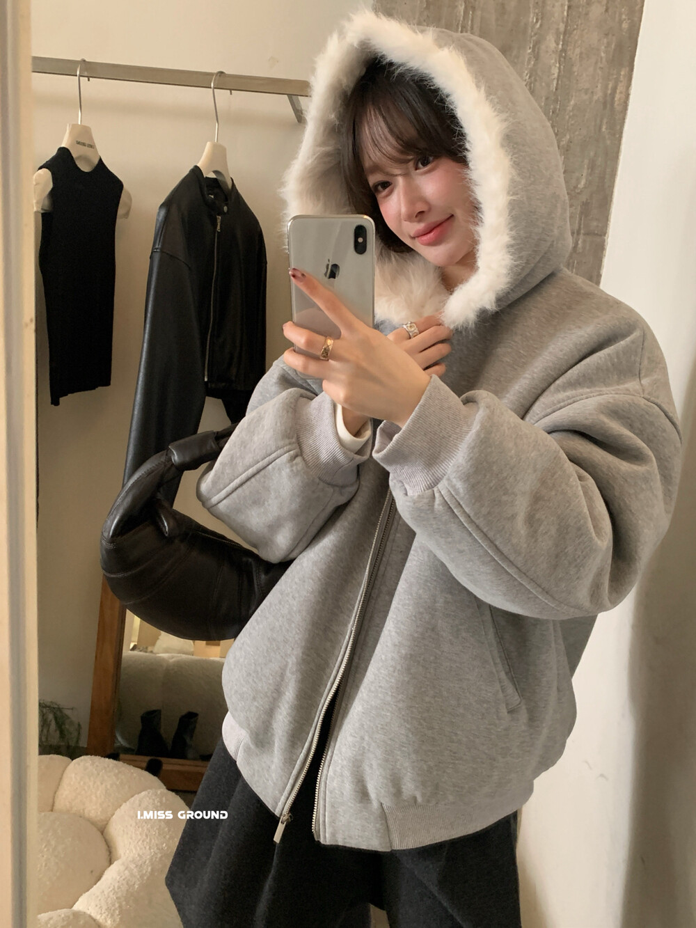 IMISS韩标！冬新款韩版纯色简约加厚毛毛内里休闲连帽外套H90583