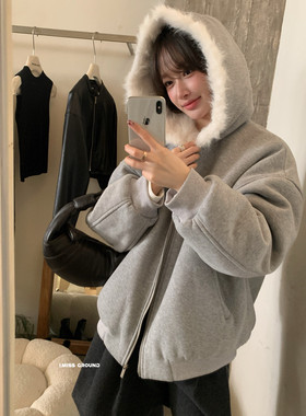 IMISS韩标！冬新款韩版纯色简约加厚毛毛内里休闲连帽外套H90583