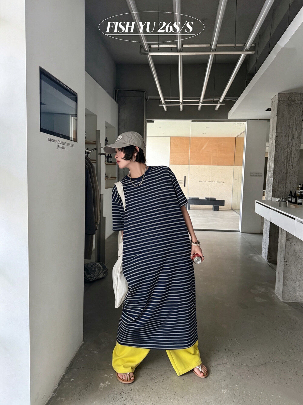 FISH YU新款韩版双色细条纹休闲风宽松长款懒人大T裙连衣裙626313