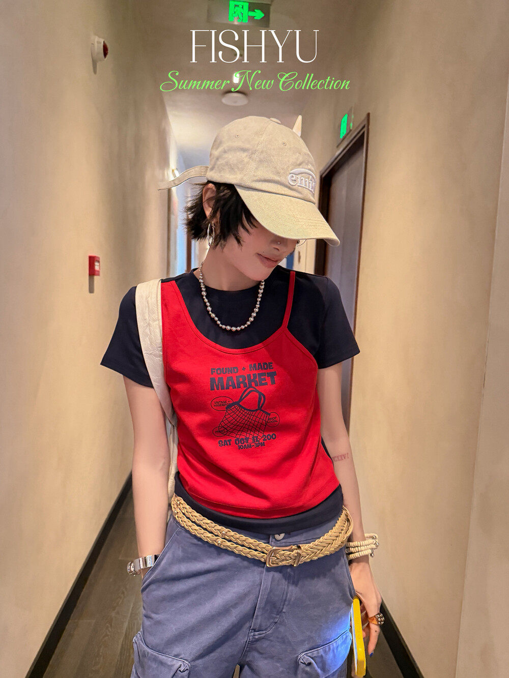 FISH YU夏新款韩系购物袋字母印花撞色假两件弹力休闲短袖T恤女