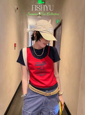 FISH YU夏新款韩系购物袋字母印花撞色假两件弹力休闲短袖T恤女