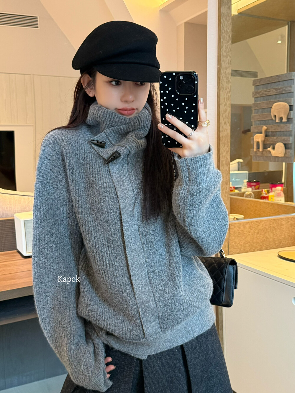 KAPOK冬新款设计感韩系牛角扣高领加厚拉链开衫外套毛衣25F135