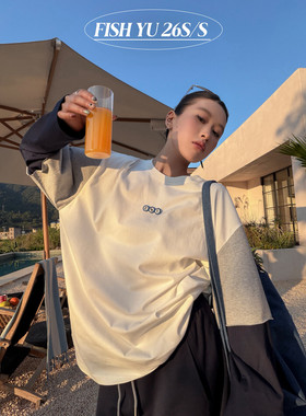 YU早春新款美式复古立体扣子三色撞色拼接假两件宽松圆领长袖T恤