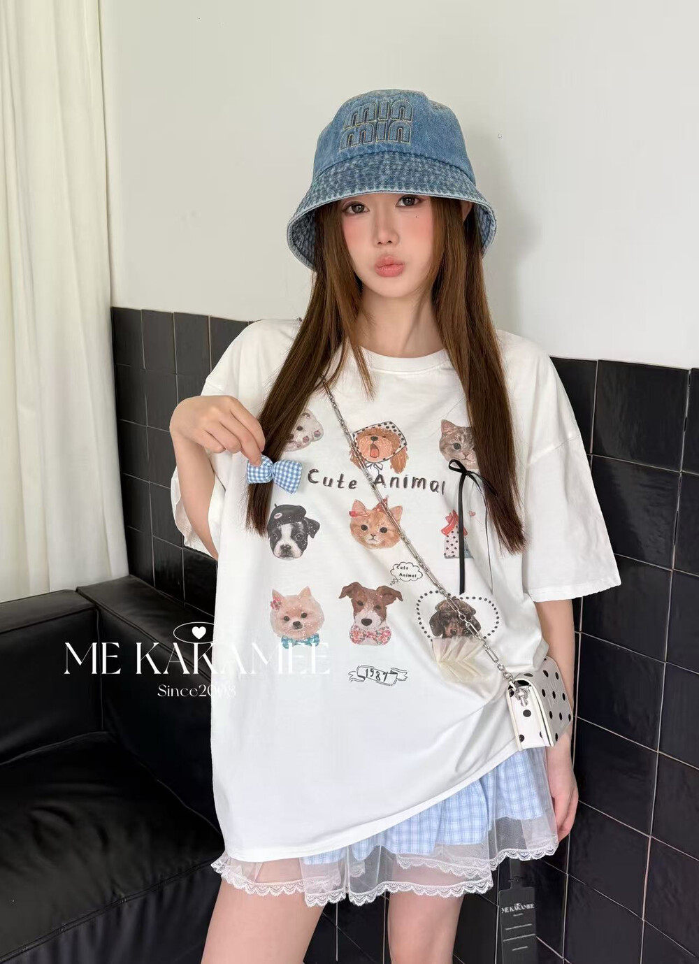 ME KAKAMEE夏新品洗水炒沙工艺九宫格小狗大版短袖T恤上衣女9286