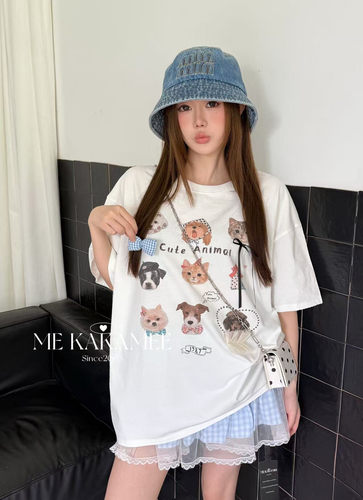 ME KAKAMEE夏新品洗水炒沙工艺九宫格小狗大版短袖T恤上衣女9286