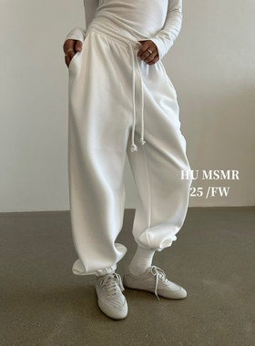 HU冬季新款加绒束脚裤休闲加厚卫裤松紧腰女纯色简约8801