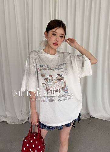 ME KAKAMEE夏新品卡通KT猫米奇喷画做旧设计宽松大版短袖T恤S3969