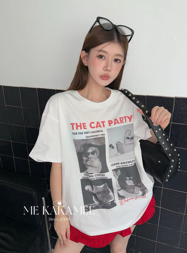 ME KAKAMEE美式复古时尚猫咪设计感大版短袖T恤休闲上衣女9268