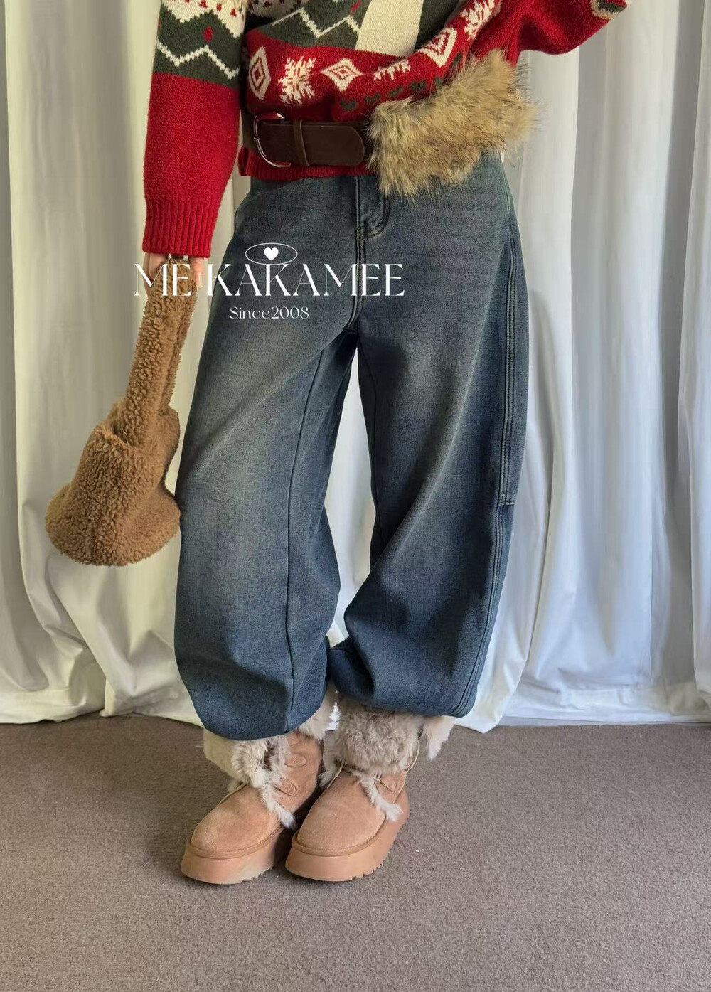 ME KAKAMEE冬新品复古洗水趣味立体帽子KT猫加绒牛仔裤显瘦0633