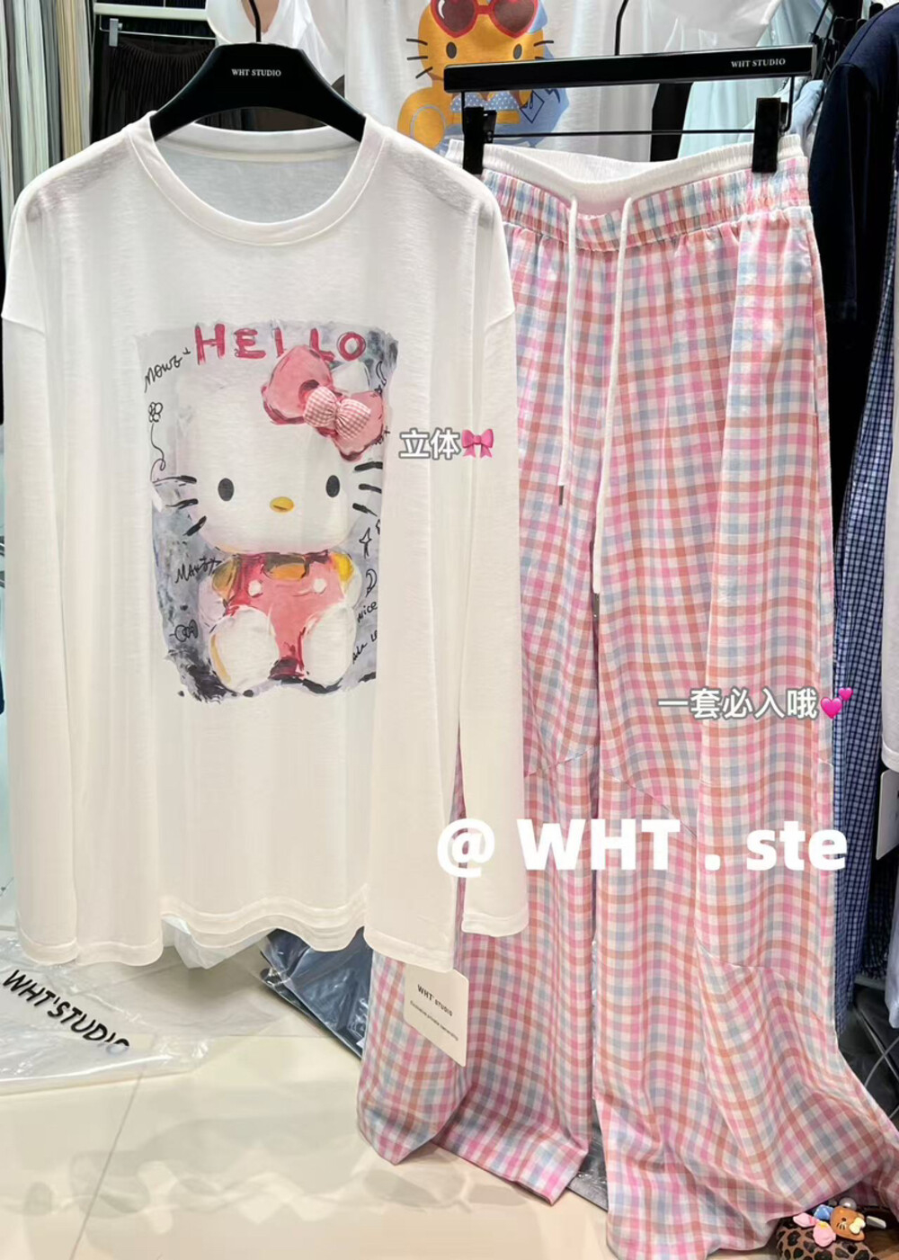 26夏WHT可爱HelloKitty印花宽松立体蝴蝶结拼接防晒长袖T恤
