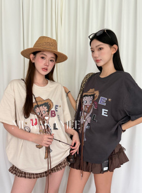 ME KAKAMEE新品复古草帽立体抽绳贝蒂小姐宽松大版短袖T恤S5073