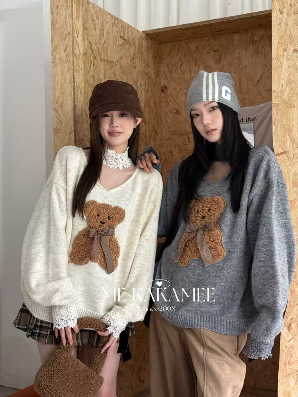 ME KAKAMEE冬新品韩代立体小熊设计感拼接蕾丝毛衣针织衫女892