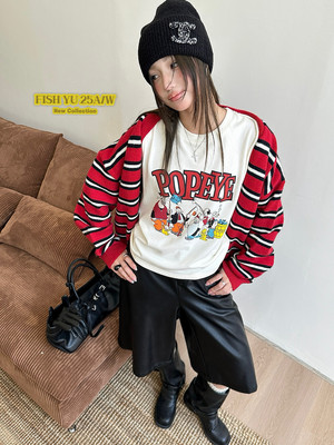 YU卡通大力水手彩拔印花内外亲肤磨毛圆领弹力小版短袖T恤625657