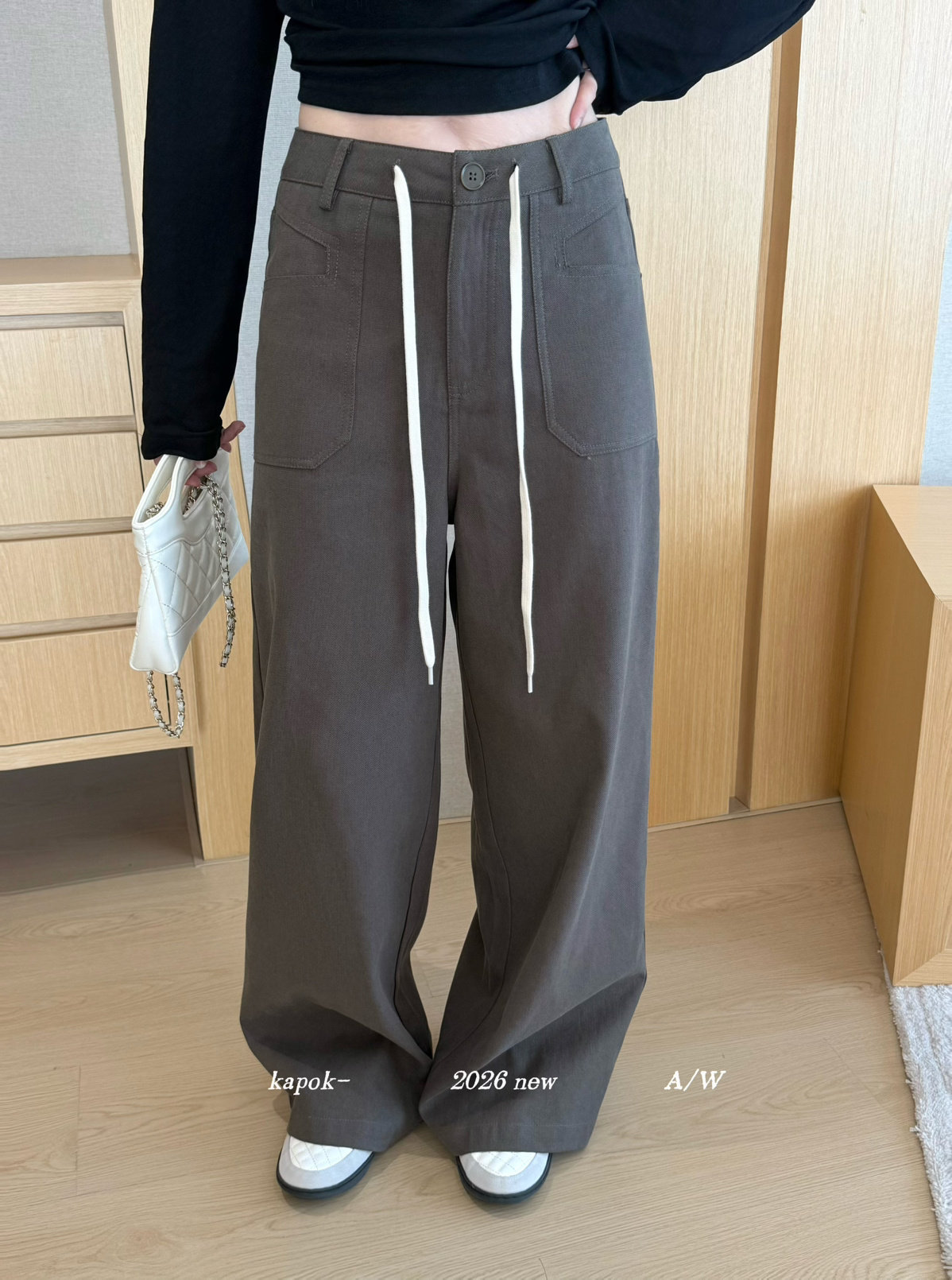 KAPOK秋新款韩版韩系高腰抽绳直筒百搭休闲裤女长裤显瘦63026