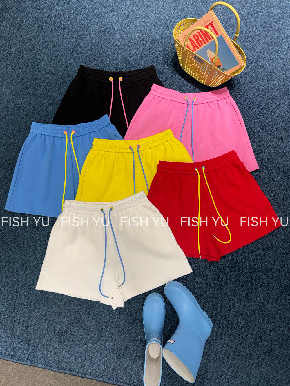 FISH YU夏新款韩系多巴胺撞色腰绳松紧腰宽松休闲短裤显瘦26235