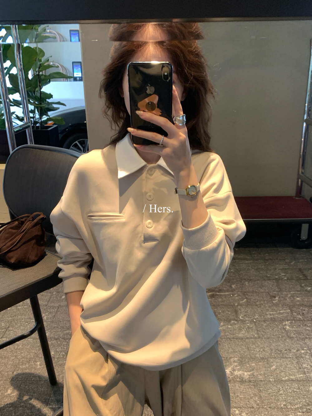 Hers秋新款韩版简约复古日常休闲撞色阔版polo领卫衣女休闲66684