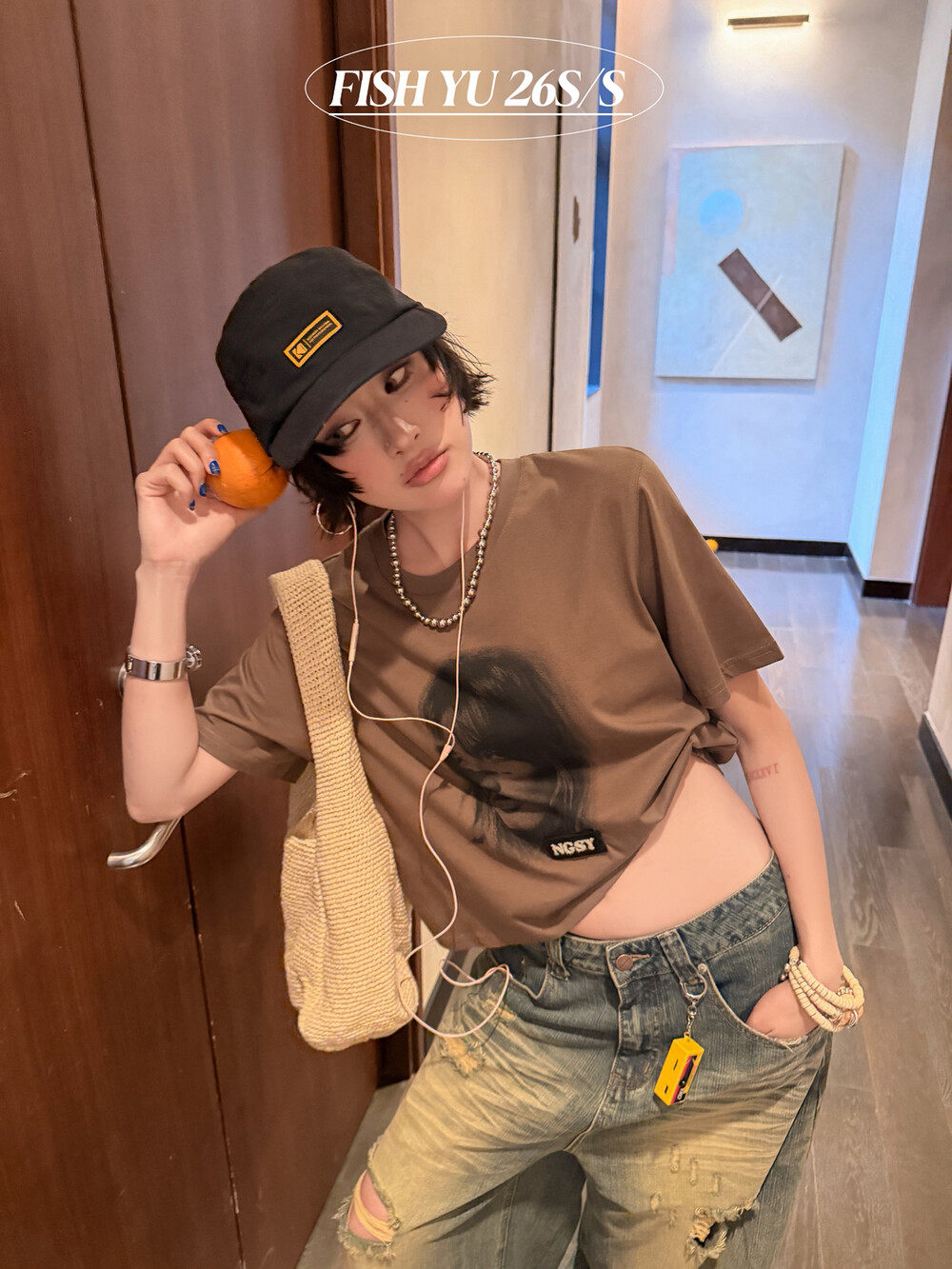 FISH YU夏新款韩版美式复古欧美人像白墨印花短款宽松短袖T恤