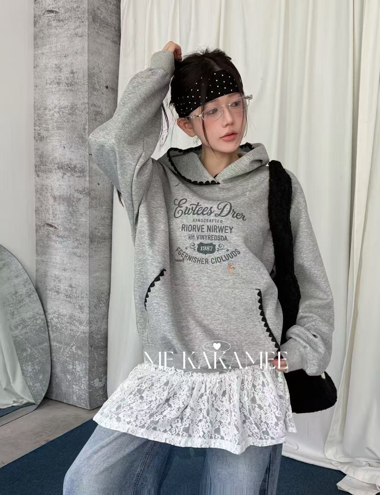 ME KAKAMEE秋新品美式字母牙边设计感复合连帽卫衣宽松上衣9702