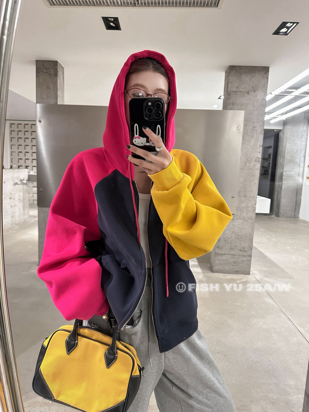 YU秋冬款彩色多巴胺撞色拼接内里抓绒连帽开衫外套卫衣外套25675