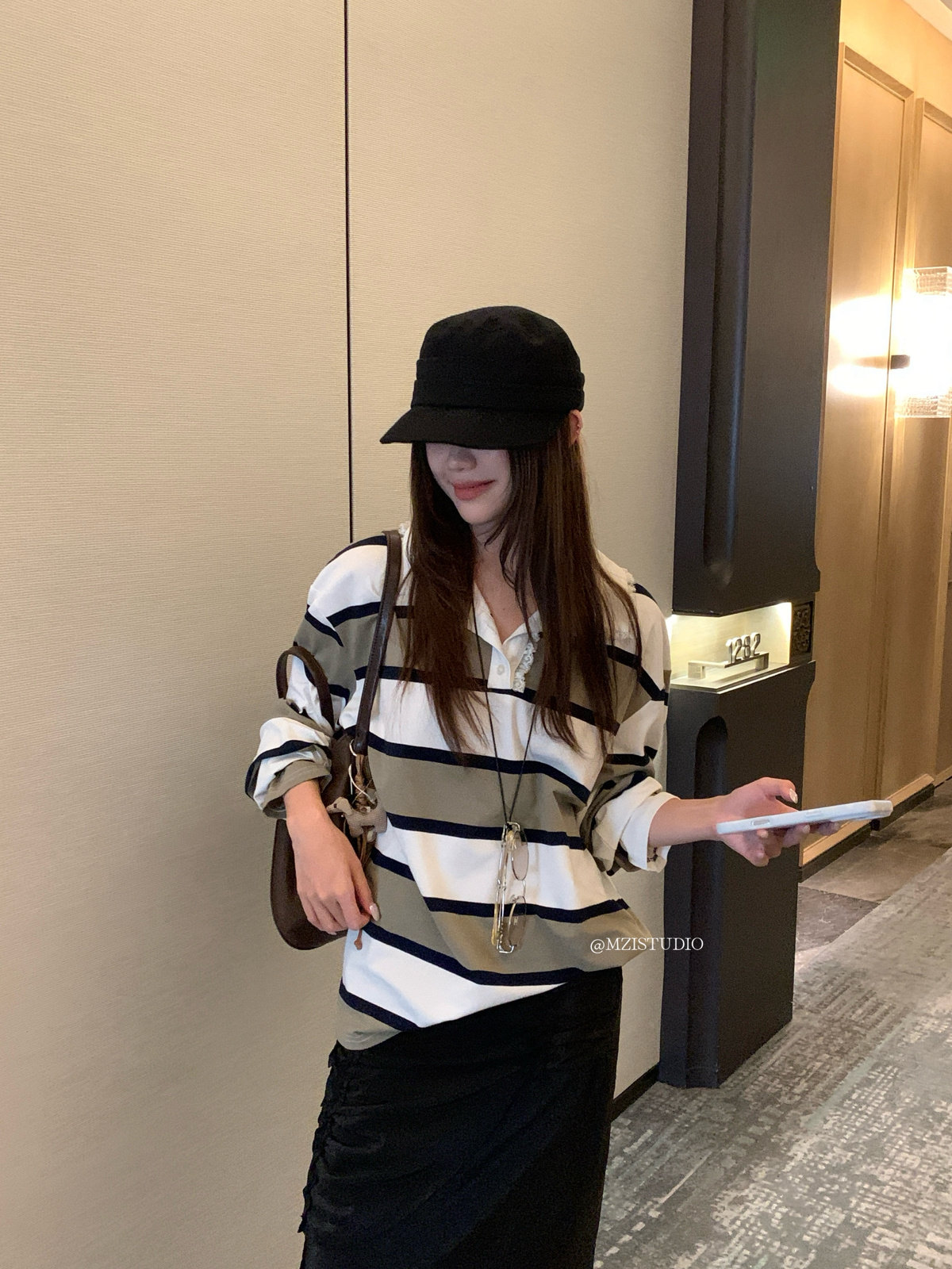 MZI STUDIO复古韩版秋日撞色条纹蕾丝拼接翻领减龄少女感POLO衫