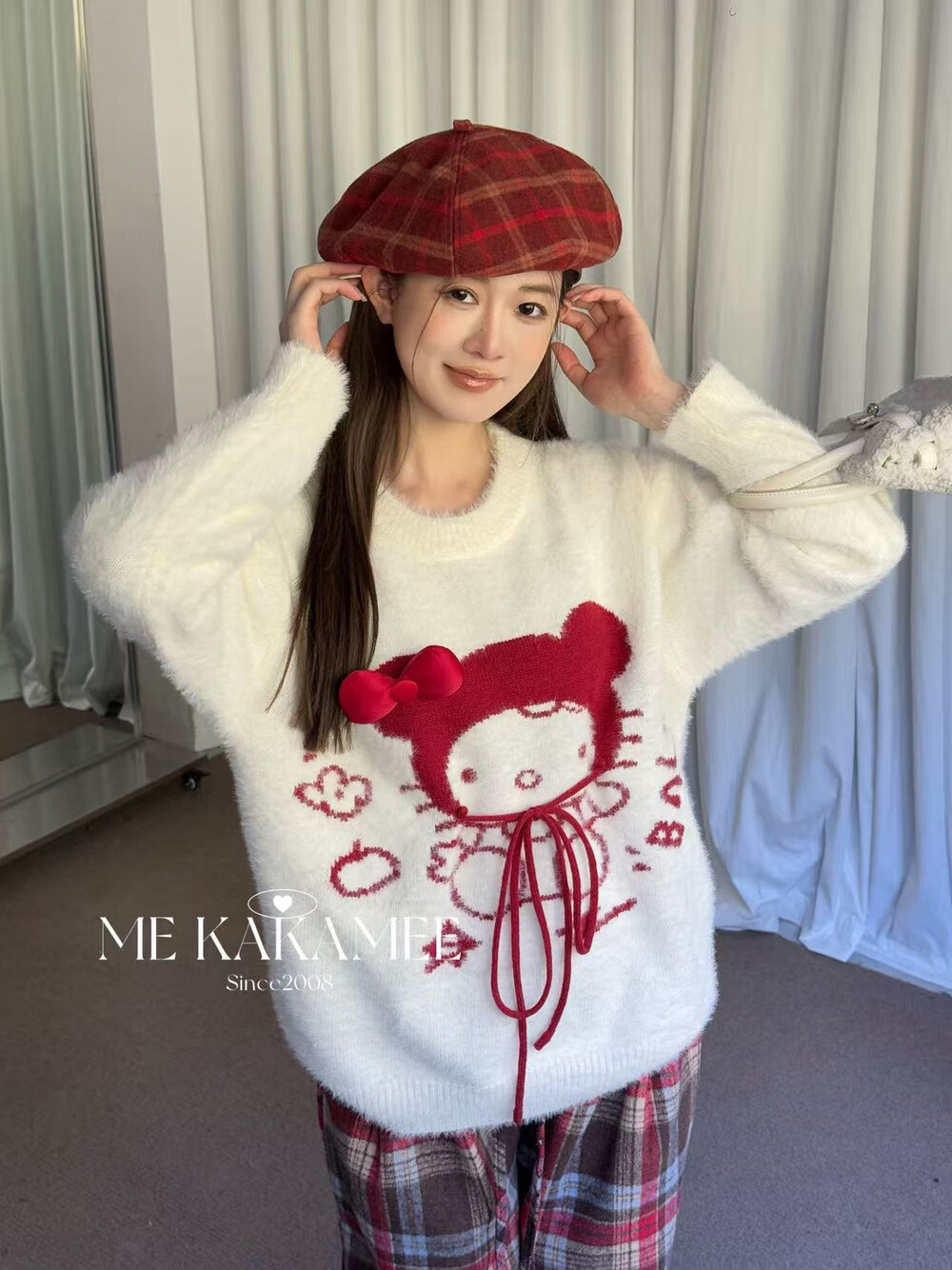 ME KAKAMEE冬新品立体蝴蝶结提花KT仿水豹毛厚实毛衣针织衫女925