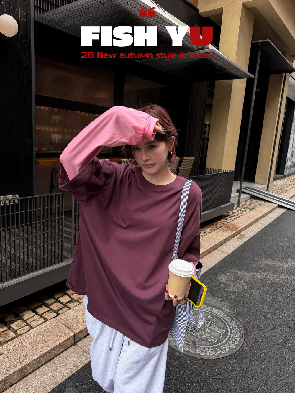 FISH YU 韩版慵懒风假两件拼接撞色圆领宽松大版长袖T恤626396