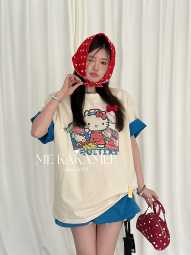 ME KAKAMEE新品Hello kitty喷画重工水洗做旧宽松大版短袖T恤3826