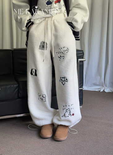 KAKAMEE冬新品重工卡通素描刺绣加厚羊羔绒宽松阔腿休闲裤S3770