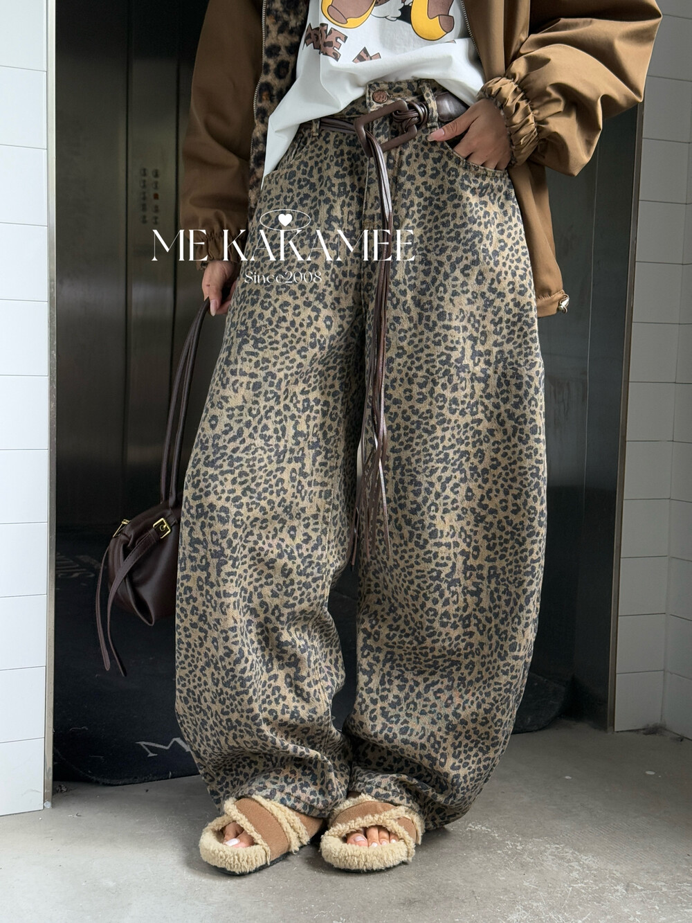 ME KAKAMEE冬季新品美式甜酷辣妹豹纹加绒加厚牛仔裤 配腰带C0613