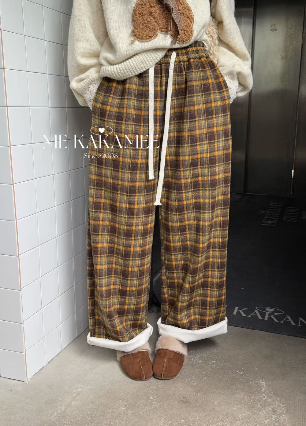 ME KAKAMEE冬新品美式复古格纹加绒格子长裤显瘦裤子休闲裤9013