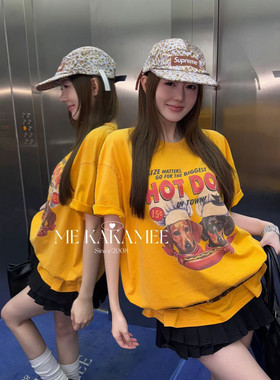 ME KAKAMEE夏新品炒沙冼水做旧设计喷画美式香肠狗狗短袖T恤9267