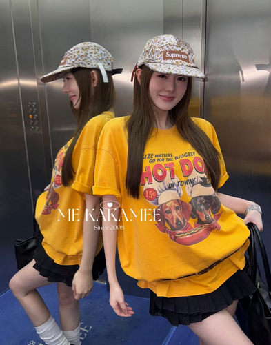 ME KAKAMEE夏新品炒沙冼水做旧设计喷画美式香肠狗狗短袖T恤9267